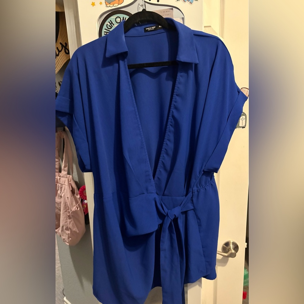 320- royal blue faux wrap blouse